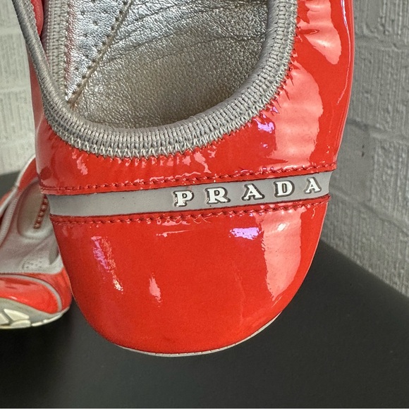 Prada Buffalo Lux Orange Silver Patent Leather Scrunch Ballet Flats Size 36
